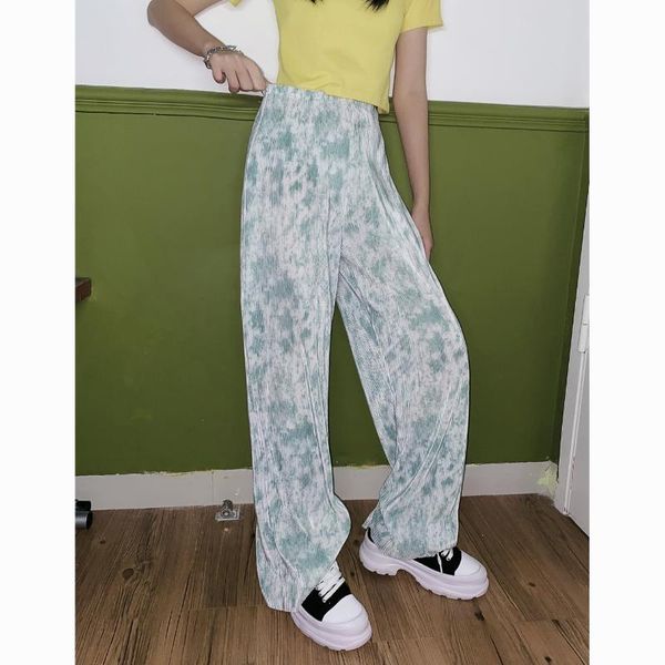 

women's pants & capris tie dyed pleated casual 2021 summer korean elastic waist slouchy style vertical pant trousers, Black;white