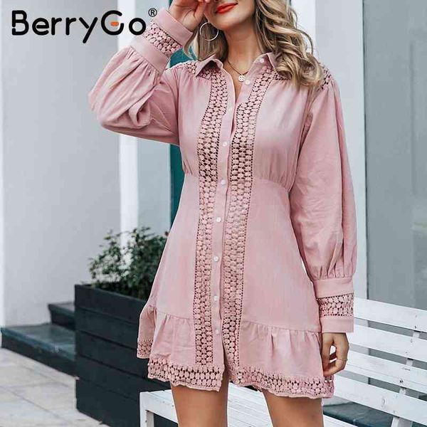

berrygo elegant women lace cotton dress long sleeve hollow out ruffle autumn short dresses buttons office ladies winter vestidos 210513, Black;gray