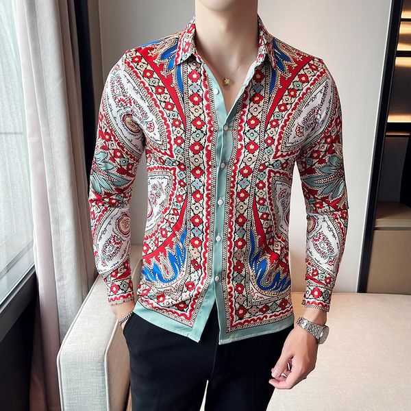 

men's casual shirts ethnic floral dress long sleeved slim fit royal banquet blouse men autumn prom party camisas para hombre, White;black