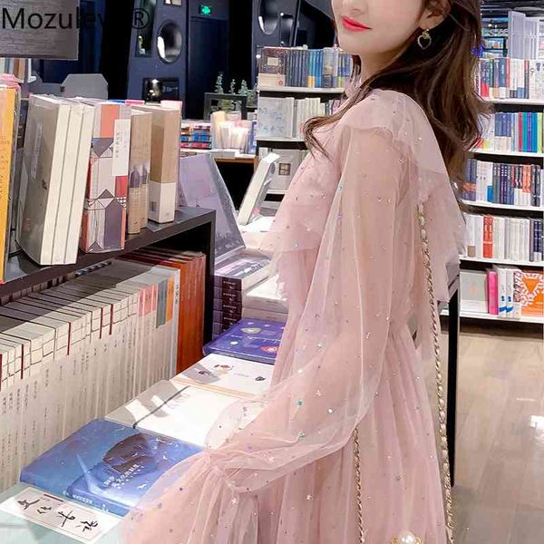 

wet 2021 summer lace collar ladies dress sweet sleeve long extension bow-up pure mesh holiday pink lady dressed, Black;gray