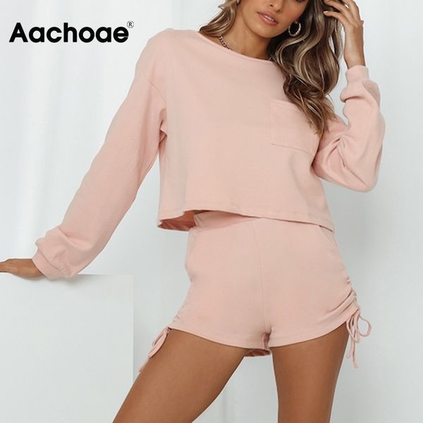 

aachoae women home style tracksuit 2 piece set casual long sleeve crop set fashion drawstring shorts ladies sport outfit 210413, White