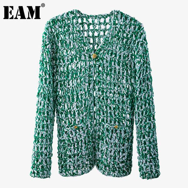 

[eam] green hollow out knitting cardigan sweater loose fit v-neck long sleeve women fashion spring autumn 1dd6928 21512, White;black