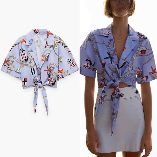 

za cropped print summer women vintage short sleeve front knot shirt feminine fashion side zip fitted blue shirts 210602, White