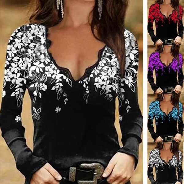 

women's blouses & shirts women t-shirt floral print lace patchwork spring autumn v neck flower pattern blouse for daily wear, White