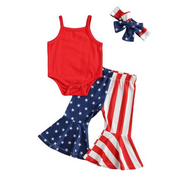 

3pc baby girls independence day outfit solid spaghetti strap bodysuit star striped flare trousers hairband for born clothing sets, White