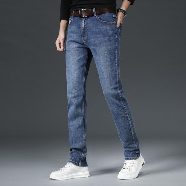 

men's jeans 2021 straight slim fit summer thin fashion elastic business pants, Blue
