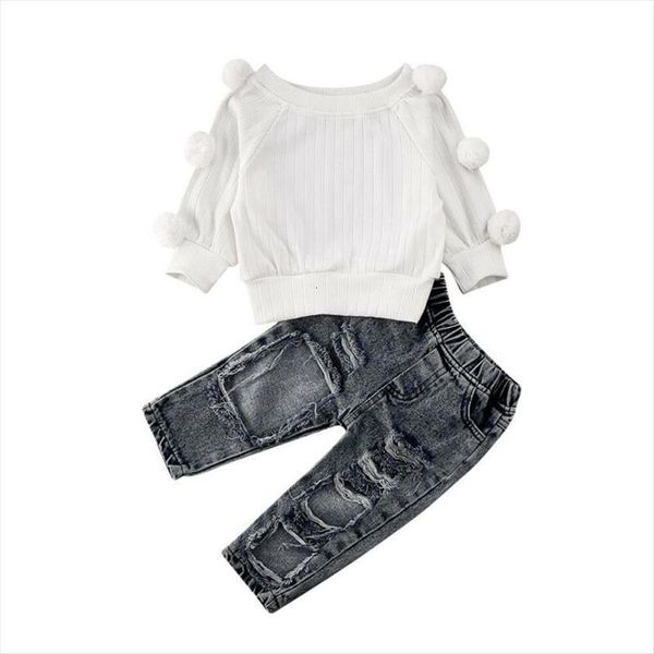 

spring toddler baby kid girl knit white t shirt denim ripped pants outfit clothes fashion set