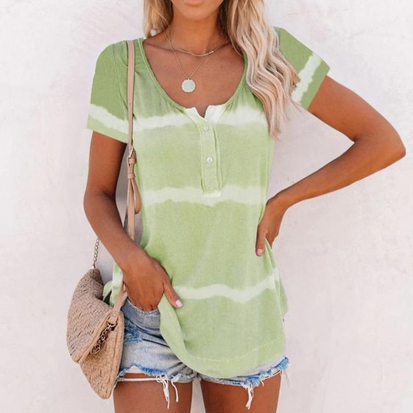 

women's t-shirt 2021 summer fashion ladies tie-dye printed striped button v-neck casual loose short-sleeved plus size, White