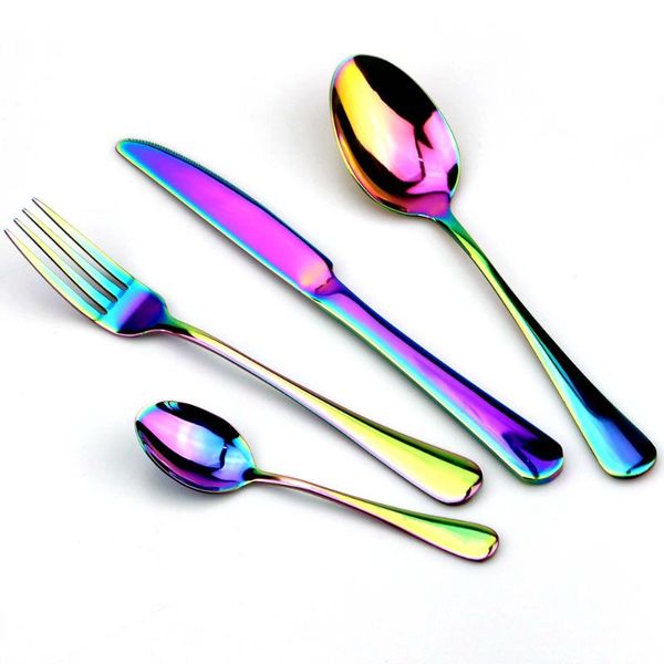 

promotion dinnerware set stainless steel colorful rainbow gold knife fork teaspoon dishwasher safe silverware cutlery box sets