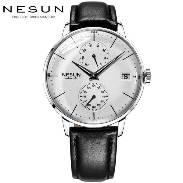 

men's watches nesun automatic mechanical watch men sapphire relogio masculino genuine leather strap clock n9606-2 wristwatches, Slivery;brown