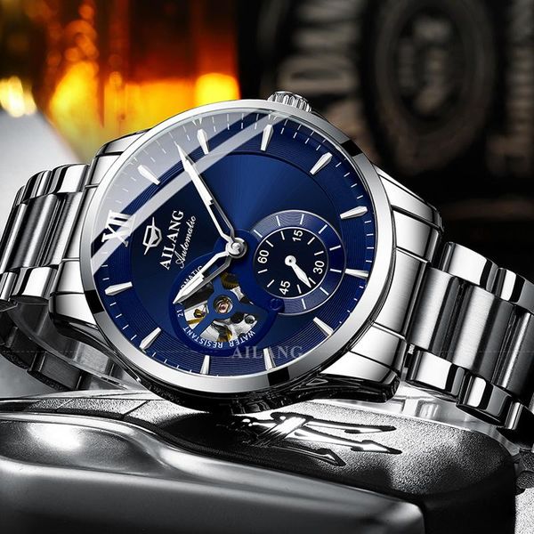

wristwatches ailang 2021 hollow automatic mechanical watch stainless steel luminous waterproof men's sports casual fashion trend, Slivery;brown