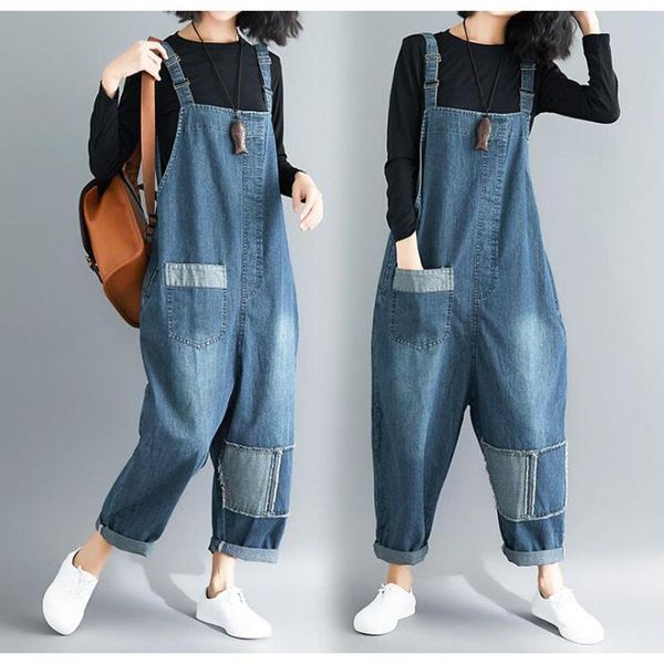 

women's jeans wide leg denim overalls women baggy suspenders bib cowboy pants plus size low drop crotch casual jean jumpsuits big pocke, Blue