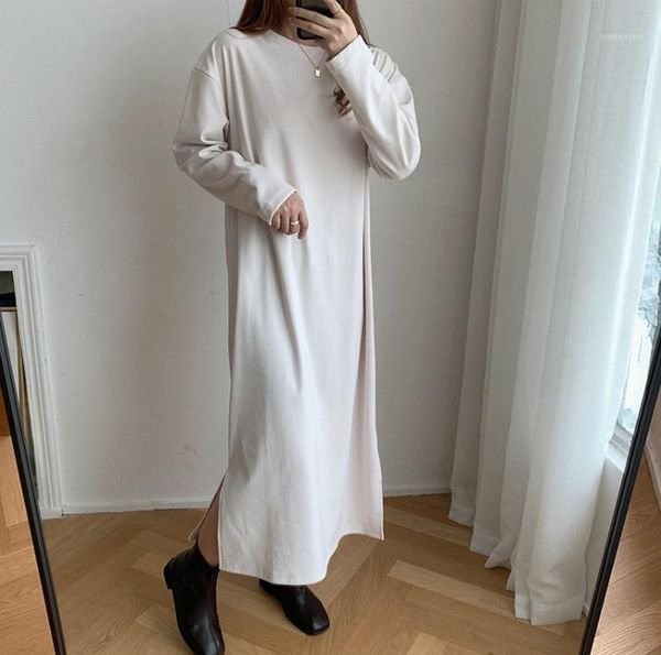 

casual dresses superaen 2021 open fork simple solid straight o neck full loose plus size ankle-length woman dress, Black;gray