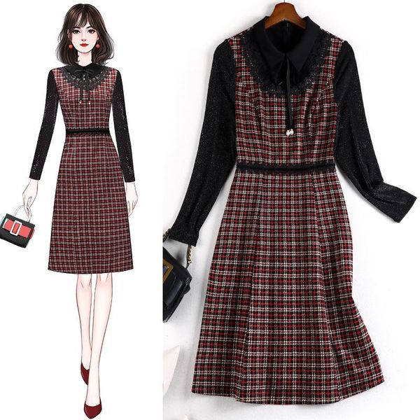 

casual dresses 5xl women 4xl 2021 autumn winter plus size plaid tweed lace patchwork turn down collar vintage dress y755, Black;gray
