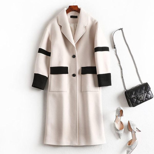 

women's wool & blends large size autumn 2021 stitching woolen cwinter long coat loose warm sleeve button elegance jacket, Black