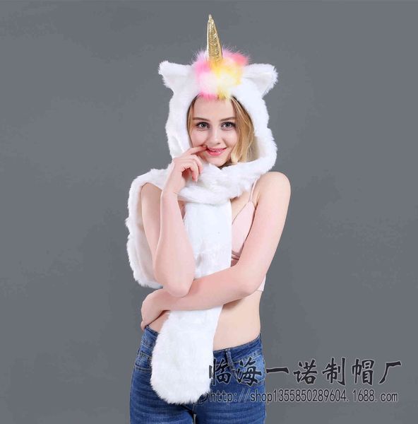 

hat imitation fur plush cartoon animal scarf glove integrated unicorn, Blue;gray