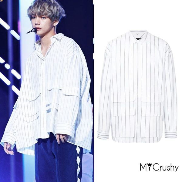 

v kim tae hyu same vertical stripe pocket shirt blouse hiphop kpop clothes bangtan boys merch men woman clothing, White;black