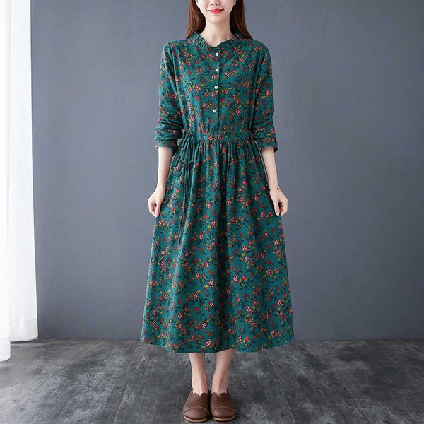 

2021 autumn literature and art broken flowers medium waist lace up long sleeve cotton hemp dr, Black;gray