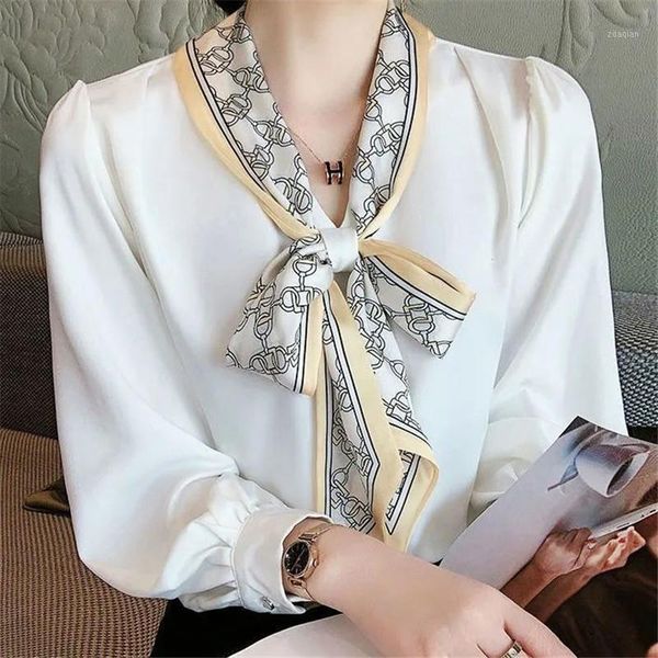 

women's blouses & shirts white chiffon women long sleeve high-end elegant bow knot scarf collar looses blusas mm0517