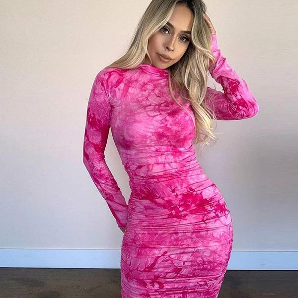 

casual dresses turtleneck zip up tie dye bodycon dress women long sleeve skinny midi party club wear fashion stacked, Black;gray