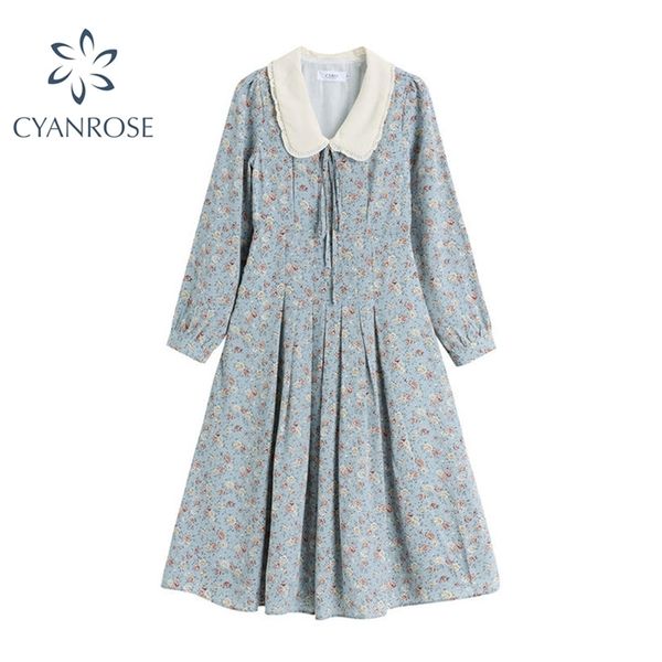 

sweet doll collar long-selvees women's dresses summer high waist floral print mid-length elegant pleated lady 210515, Black;gray