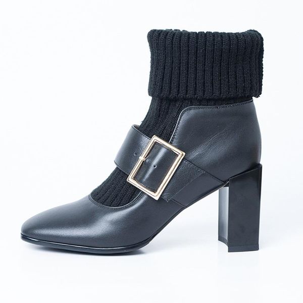 

boots women ankle genuine leather shoes woman autumn winter basic fashion concise high heels dress party short 34-42, Black