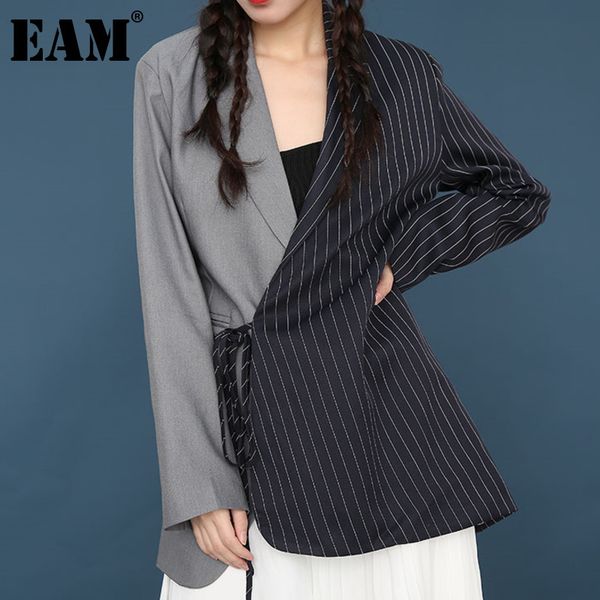 

[eam] loose fit black striped irregular bandage jacket lapel long sleeve women coat fashion spring autumn jz06505m 21512, Black;brown