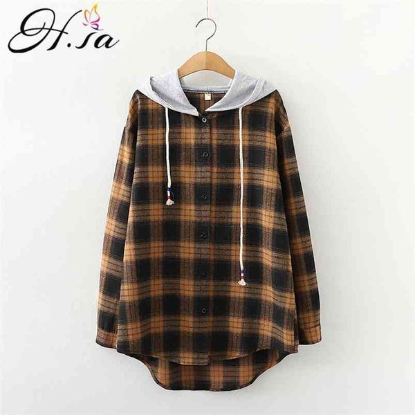 

hsa woman plaid hooded shirt handsome cool girl harajuku aesthetic streetwear casual loose t-shirt with hat 210430, White