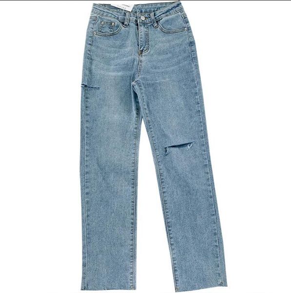 

women's jeans basic retro ripped hole washed light blue stretch slim straight