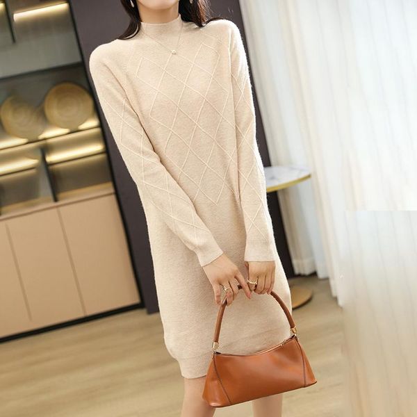 

casual dresses 21 high-end autumn and winter women's 100 pure wool mid-length hedging fashion lazy elegant bottoming cashmere knitted d, Black;gray