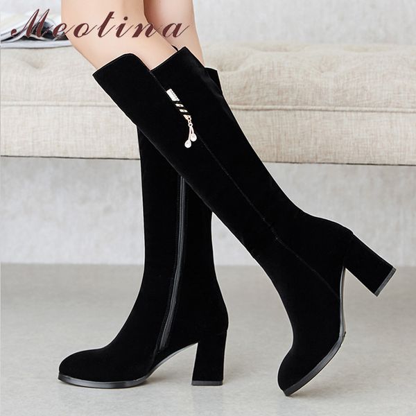 

meotina women boots winter knee high boots zipper square high heel tall boots flock round toe shoes lady autumn size 34-39 210520, Black
