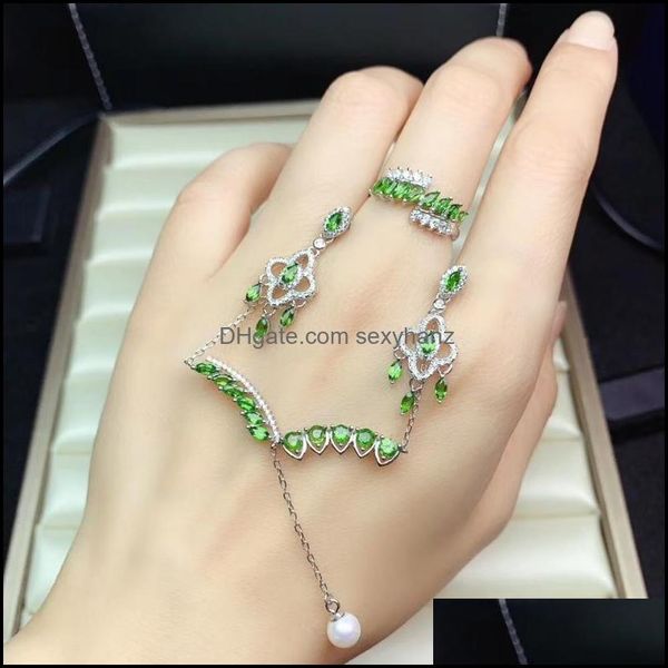 

bracelet, earrings & necklace luxurious leaf tassels natural green diopside jewelry sets gemstone ring pendant 925 sier women party drop del, Black