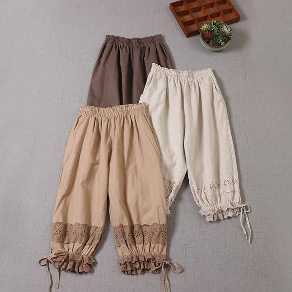 

women's pants & capris japanese female literary cotton and linen loose hollow out lace summer n821-90, Black;white