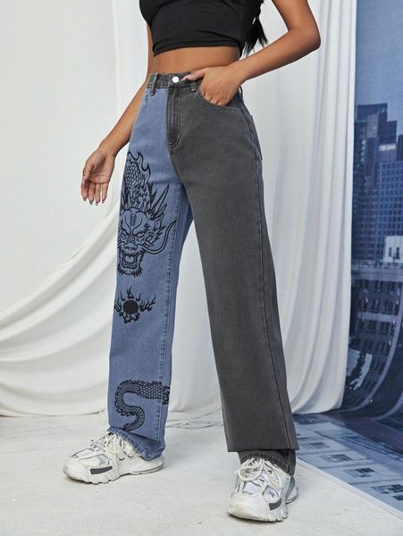 

high waist color block chinese dragon print jeans q9yq#, Blue