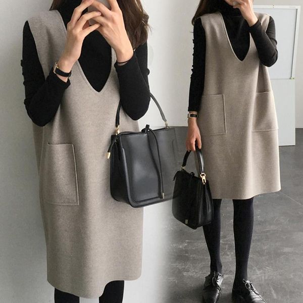 

casual dresses pregnant women autumn dress suit fashion winter long loose two-piece clothes set maternity black basic shirts + wool tank, Black;gray