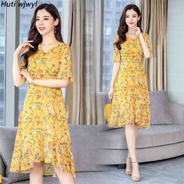 

summer floral chiffon boho midi sundress vintage 3xl plus size yellow print beach dress women bodycon elegant party vestido 210528, Black;gray