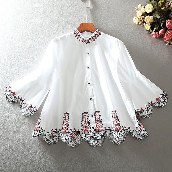 

women's blouses & shirts superaen loose a line ruffles short shirt national style hollowed out embroidered flare sleeve women blouses1, White