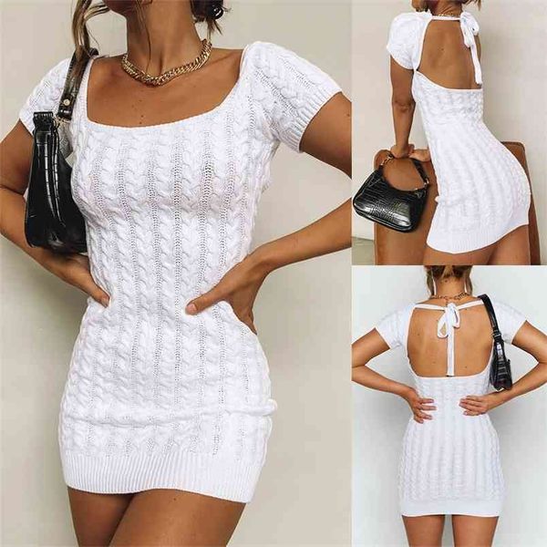 Mulheres Verão Branco Mini Mini Vestido Sexy Quadrado Pescoço Backless Lace Up Short Sleeve High Wist Package Hips Bodycon Party 210522