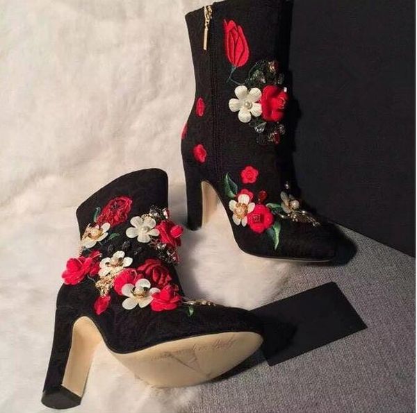 

boots abesire 2021 style women 3d flower embellished chunky heels dress runway shoes lady round toe mixed color ankle, Black