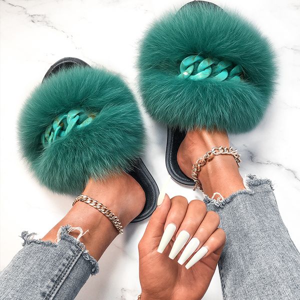 

luxurys designers shoes furry fur slides real fox fur slippers fluffy flip flops designer chain plush slippers for women beach f, Black