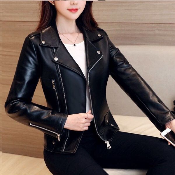 

women's hoodies & sweatshirts nic women winter autumn black pu leather slim zipper solid coat turn-down collar female punk outwear ladi
