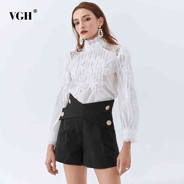 

vgh casual patchwork lace women shirt stand collar puff long sleeve ruched slim hollow out female clothing fashion tide 210421, White