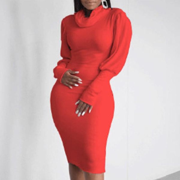 

casual dresses autumn winter women slim dress fashion pile collar female knee-length long sleeve pure color party, Black;gray