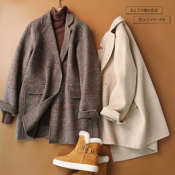

women's wool & blends short coat for women plaid suit style jacket double-faced fleece spring and autumn woolen, Black