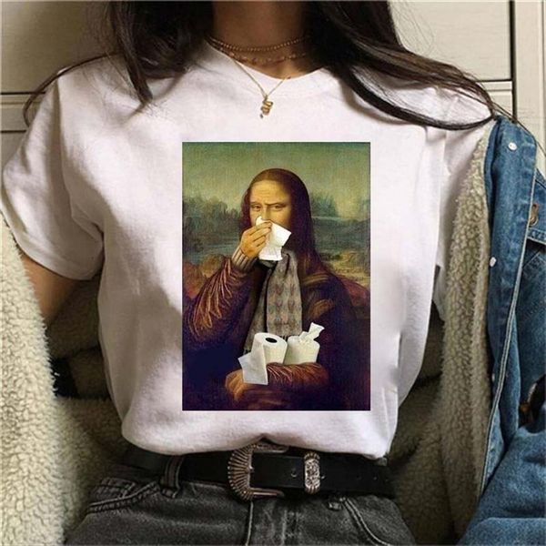 

mona lisa mask aesthetic womens harajuku funny cartoon 90s cute print fashion streetwear tees female, White