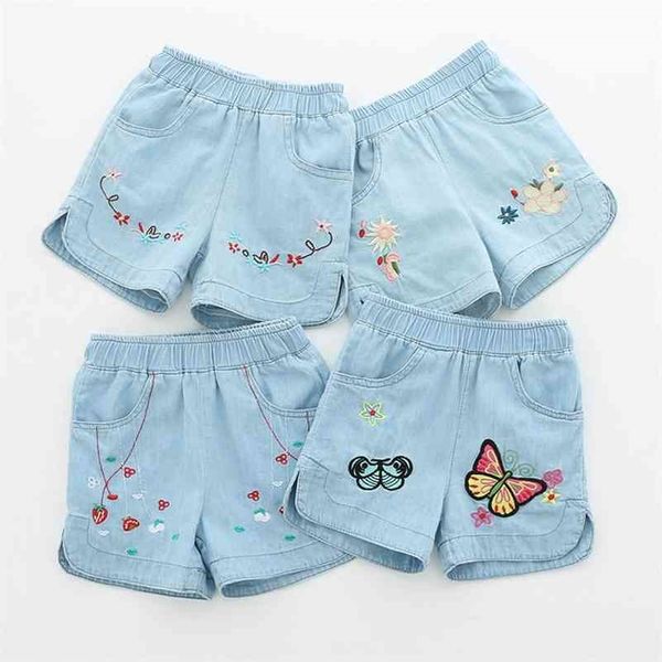 

summer casual 2 3 4 6 8 10 12years children embroidery flower cotton pocket denim blue shorts for small baby kids girls 210701, Black