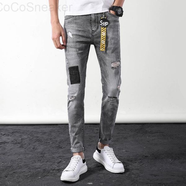 

men's jeans fashion brand slim fit small feet trend long pants autumn winter, Blue