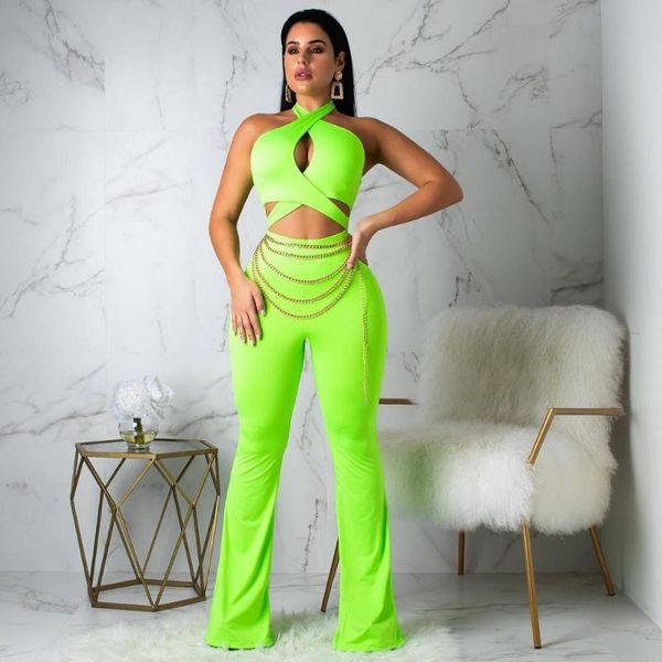 

women's jumpsuits & rompers bkld 2021 neon green romper women halter hollow out summer clubwear ladies with chain backless loose jumpsu, Black;white