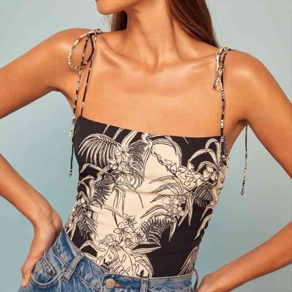 

floral print women camis elegant slash neck casual crop spaghetti strap ladies tank, White