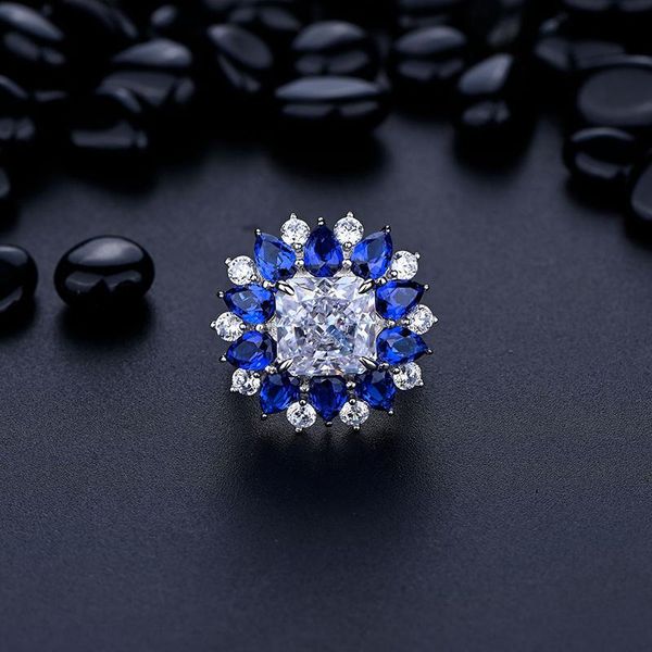 

cluster rings 100% s925 sterling silver blue cut 10*10mm high carbon diamond for women sparkling wedding jewelry daily gift giving, Golden;silver